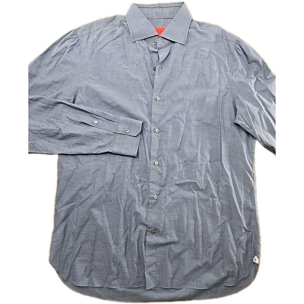 Isaia Napoli Shirt Mens 17 43 Blue Cotton Casual Dress Luxury Soft Button Down